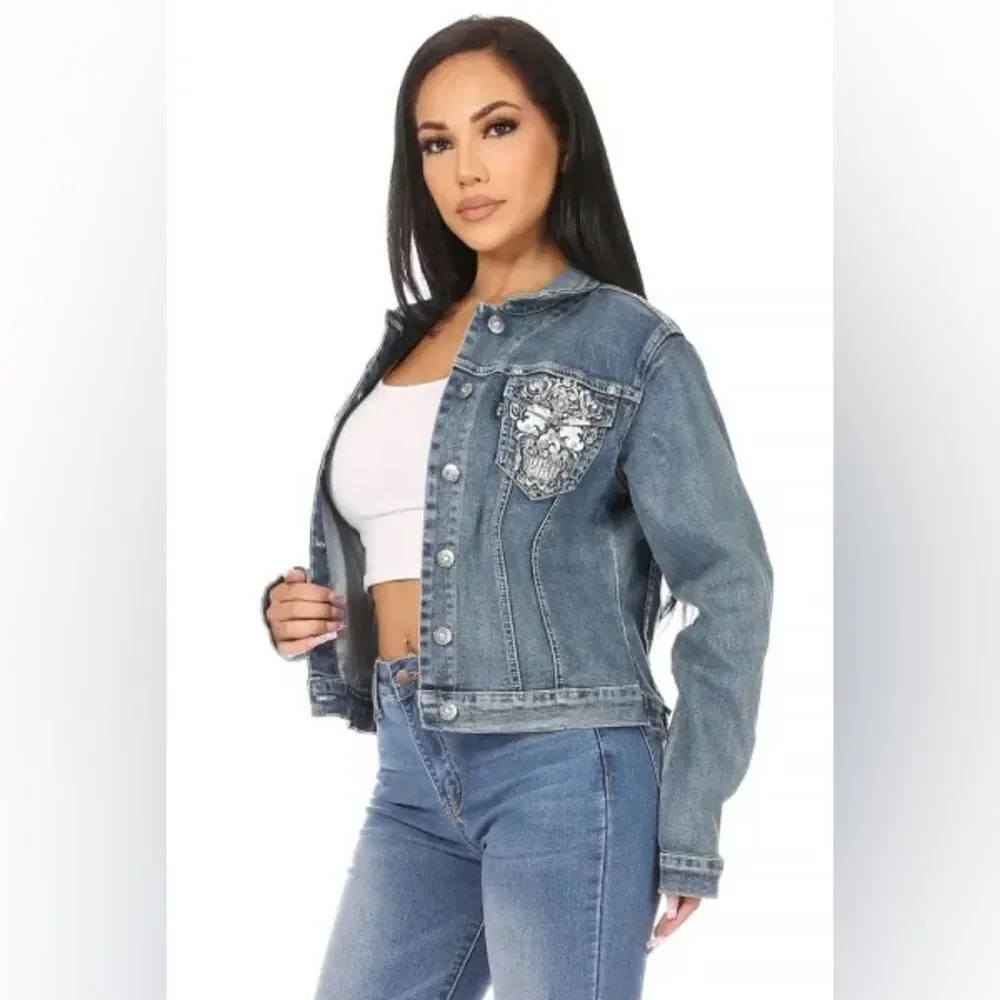 Platinum Plush Rhinestone Denim Jacket with Candy Skull Design - Picture 3 of 8